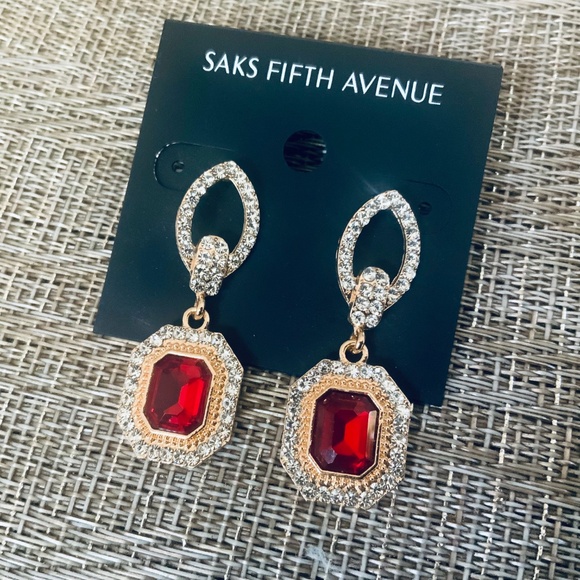 Saks Fifth Avenue EARRINGS🩷NEW JEWELED RED SPARKLING DANGLE DROP PIERCED POST - Picture 2 of 5